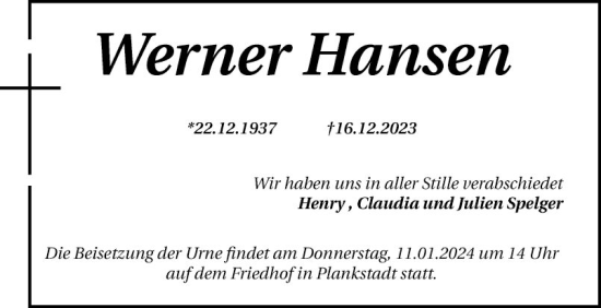 Traueranzeige von Werner Hansen von Schwetzinger Zeitung