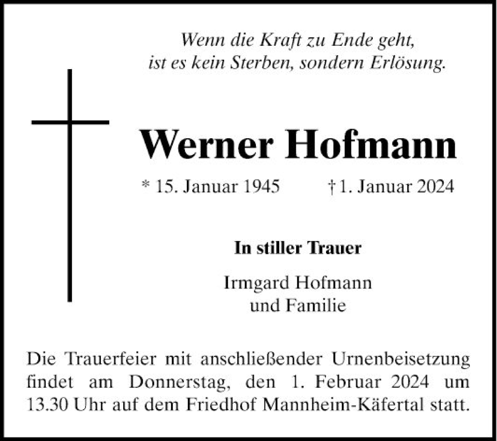  Traueranzeige für Werner Hofmann vom 13.01.2024 aus Mannheimer Morgen