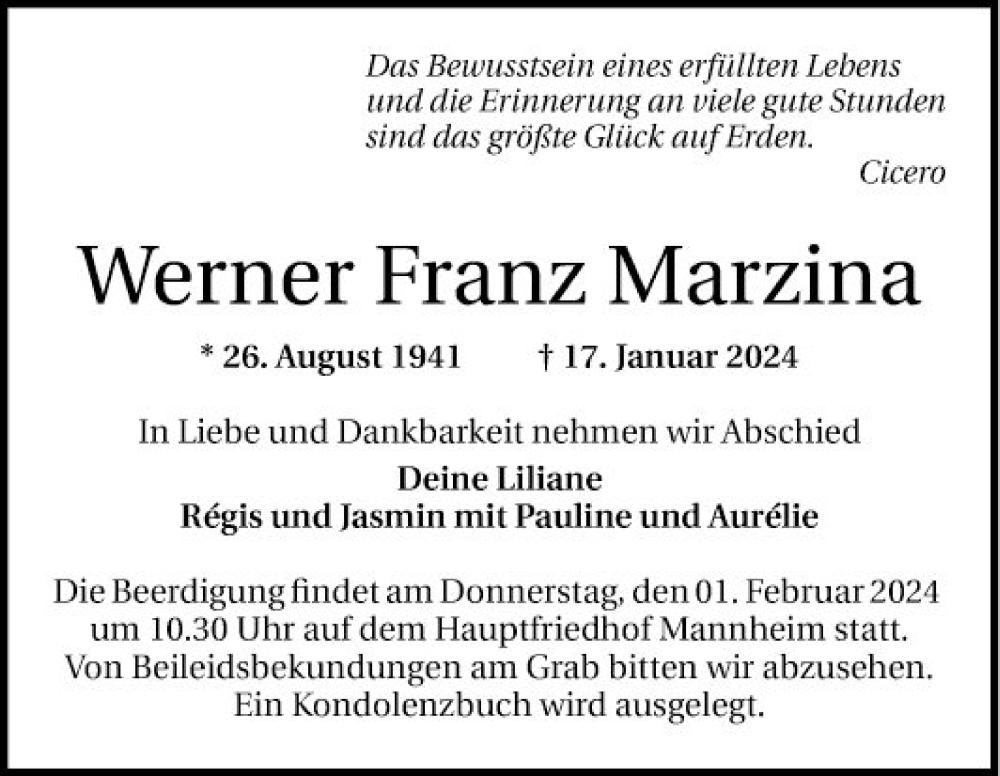  Traueranzeige für Werner Franz Marzina vom 27.01.2024 aus Mannheimer Morgen