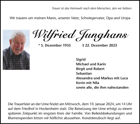 Traueranzeige von Wilfried Junghans von Schwetzinger Zeitung