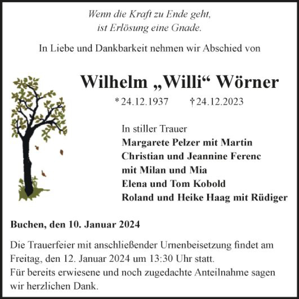  Traueranzeige für Wilhelm Wörner vom 10.01.2024 aus Fränkische Nachrichten