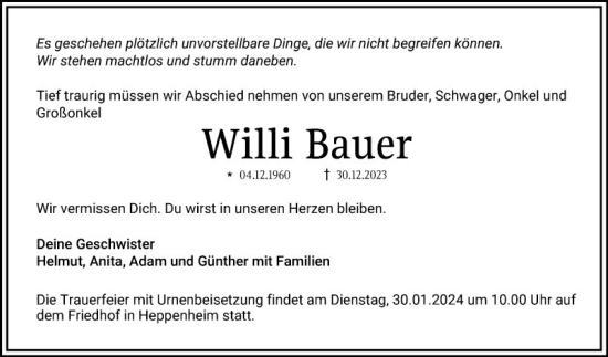 Traueranzeige von Willi Bauer von Bergsträßer Anzeiger