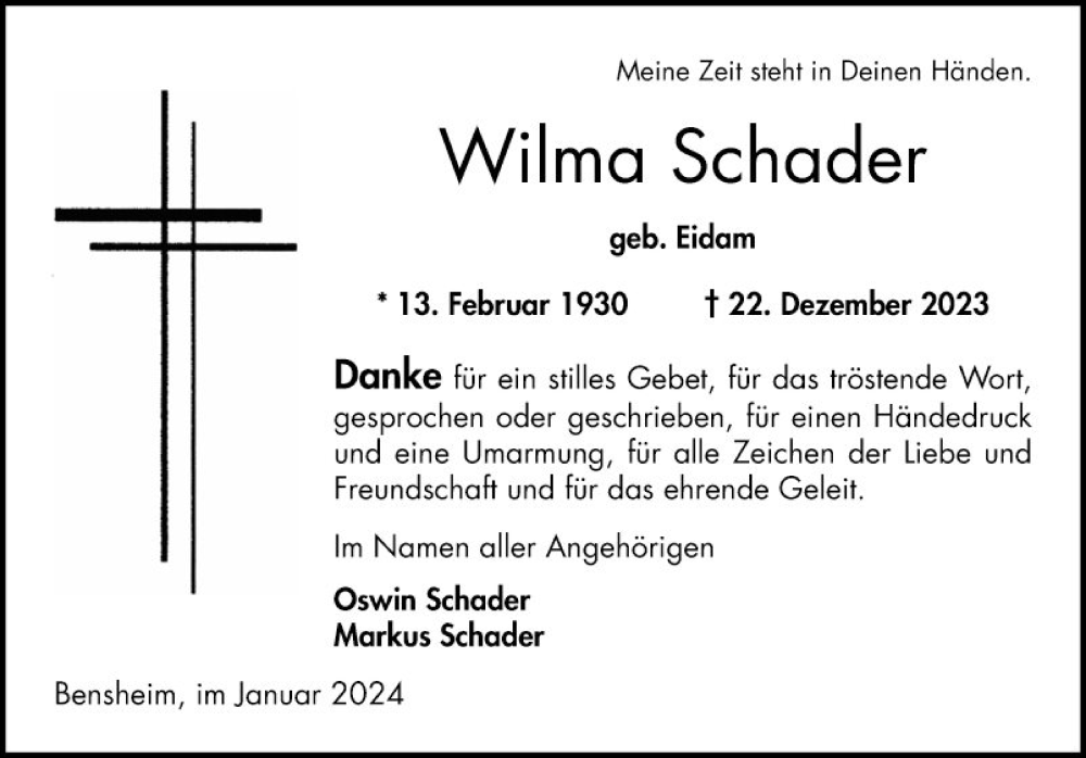  Traueranzeige für Wilma Schader vom 13.01.2024 aus Bergsträßer Anzeiger