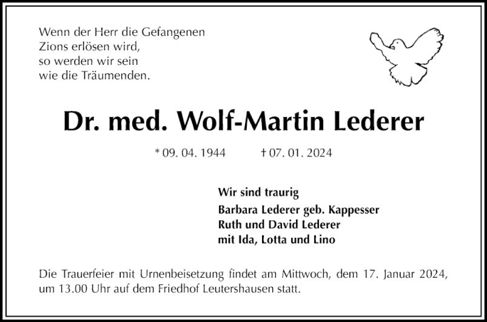  Traueranzeige für Wolf-Martin Lederer vom 13.01.2024 aus Mannheimer Morgen