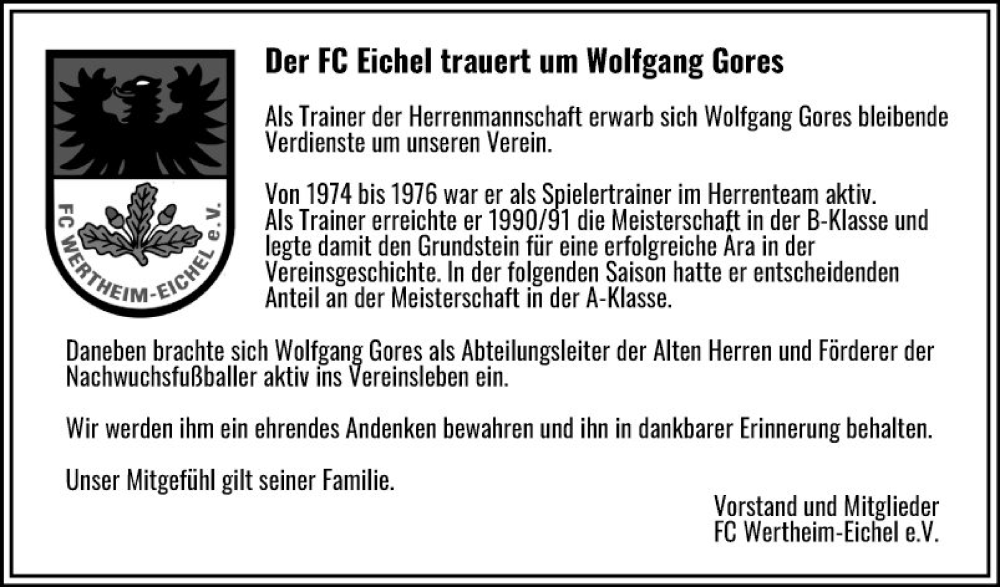  Traueranzeige für Wolfgang Gores vom 17.01.2024 aus Fränkische Nachrichten