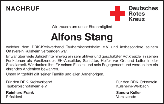 Traueranzeige von Alfons Stang von Fränkische Nachrichten