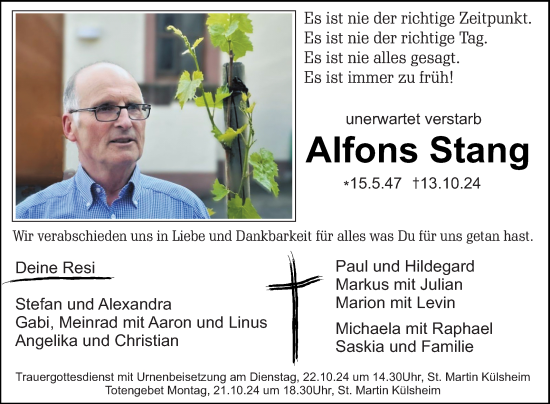 Traueranzeige von Alfons Stang von Fränkische Nachrichten