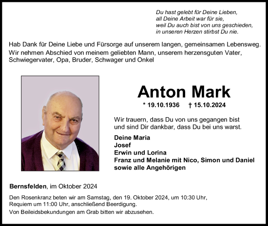 Traueranzeige von Anton Mark von Fränkische Nachrichten