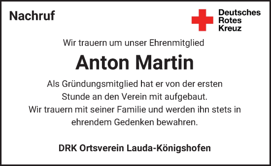 Traueranzeige von Anton Martin von Fränkische Nachrichten