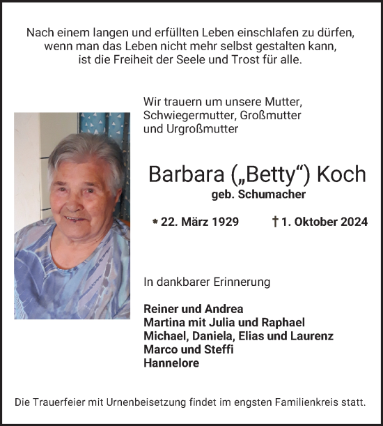 Traueranzeige von Barbara Koch von Bergsträßer Anzeiger