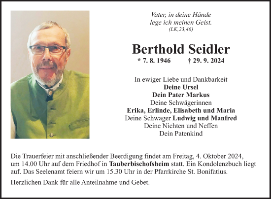 Traueranzeige von Berthold Seidler von Fränkische Nachrichten