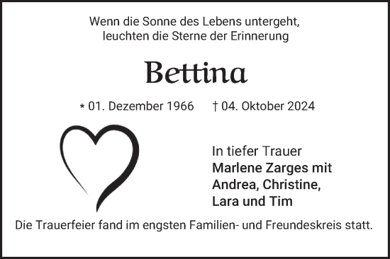 Traueranzeige von Bettina  von Bergsträßer Anzeiger