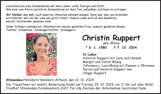 Traueranzeige von Christin Ruppert von Fränkische Nachrichten