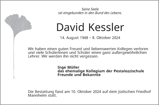 Traueranzeige von David Kessler von Mannheimer Morgen