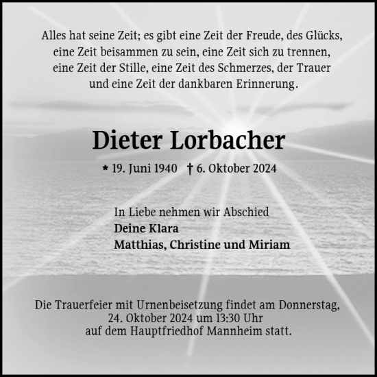 Traueranzeige von Dieter Lohrbacher von Mannheimer Morgen