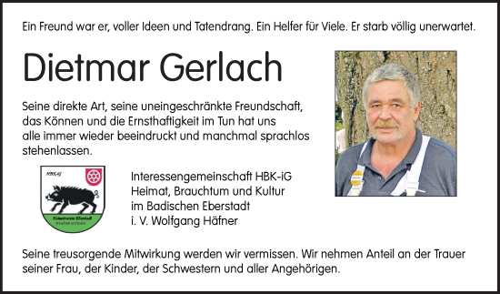 Traueranzeige von Dietmar Gerlach von Fränkische Nachrichten