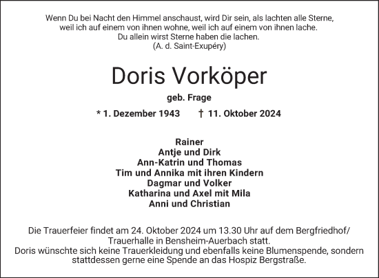 Traueranzeige von Doris Vorköper von Bergsträßer Anzeiger