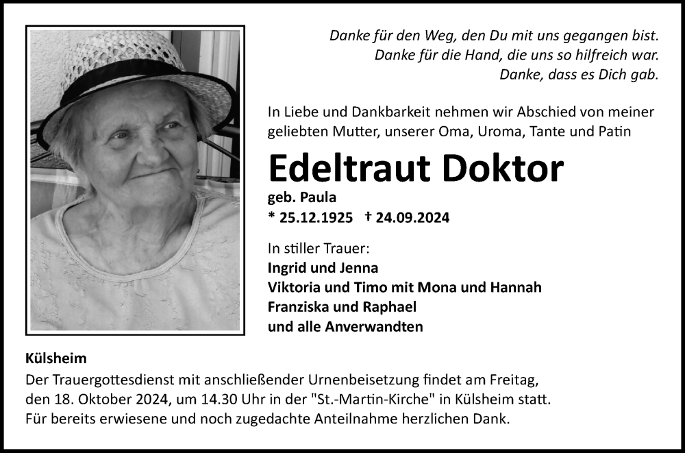  Traueranzeige für Edeltraud Doktor vom 12.10.2024 aus Fränkische Nachrichten