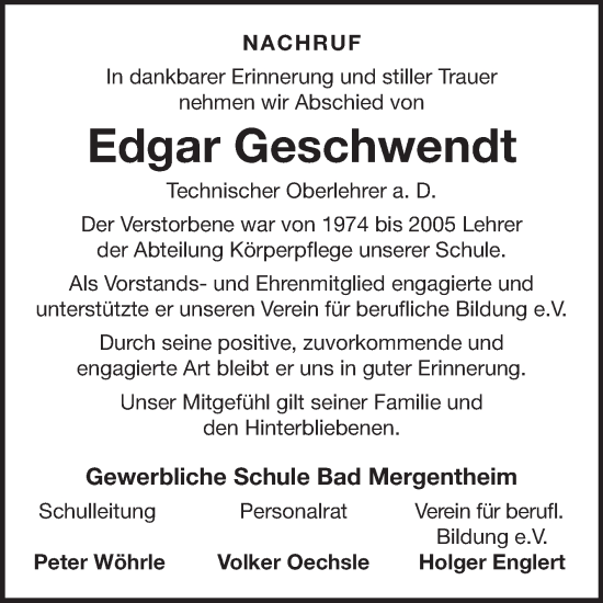 Traueranzeige von Edgar Geschwendt von Fränkische Nachrichten