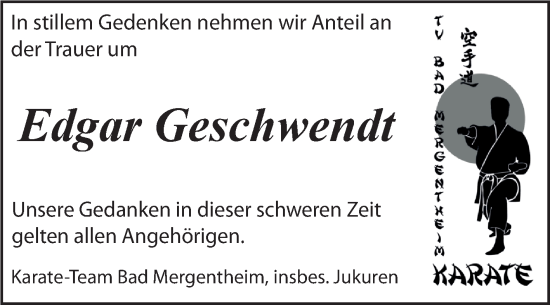 Traueranzeige von Edgar Geschwendt von Fränkische Nachrichten