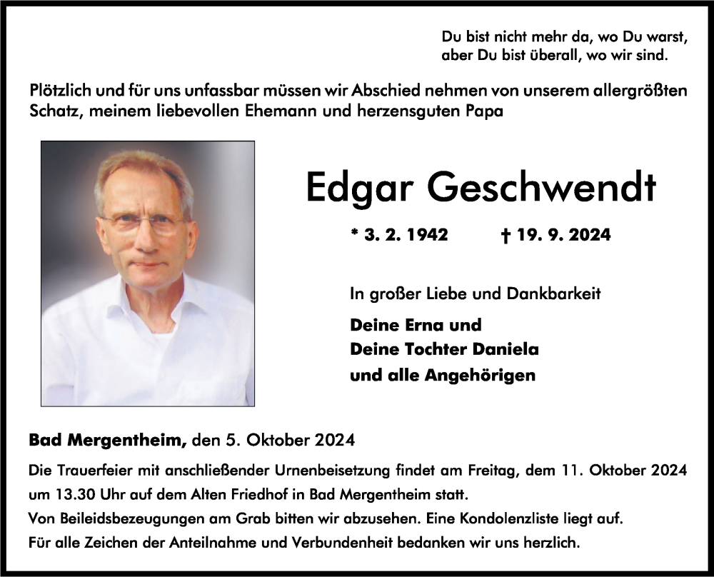  Traueranzeige für Edgar Geschwendt vom 05.10.2024 aus Fränkische Nachrichten