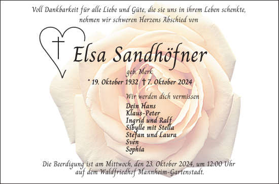 Traueranzeige von Elsa Sandhöfer von Mannheimer Morgen