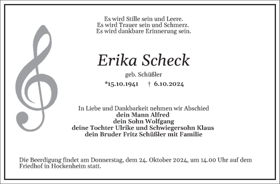 Traueranzeige von Erika Scheck von Schwetzinger Zeitung