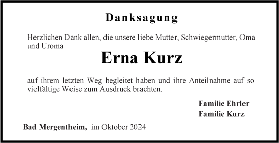 Traueranzeige von Erna Kurz von Fränkische Nachrichten