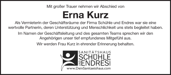 Traueranzeige von Erna Kurz von Fränkische Nachrichten