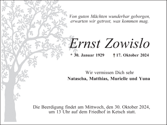 Traueranzeige von Ernst Zowislo von Schwetzinger Zeitung