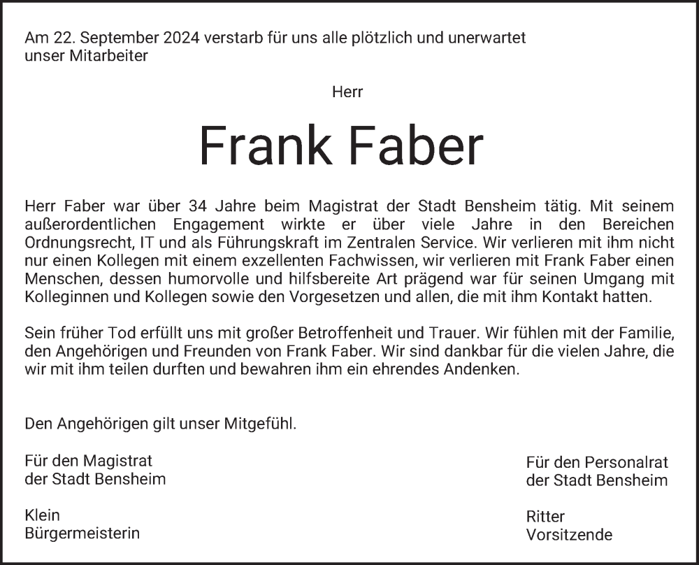  Traueranzeige für Frank Faber vom 05.10.2024 aus Bergsträßer Anzeiger