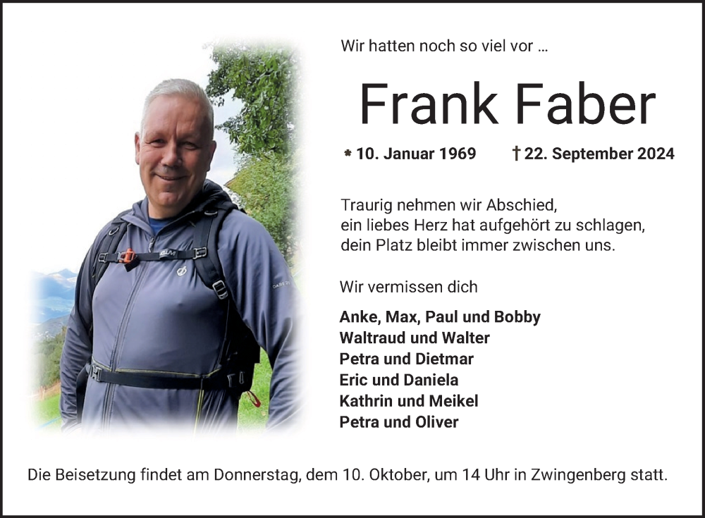  Traueranzeige für Frank Faber vom 05.10.2024 aus Bergsträßer Anzeiger