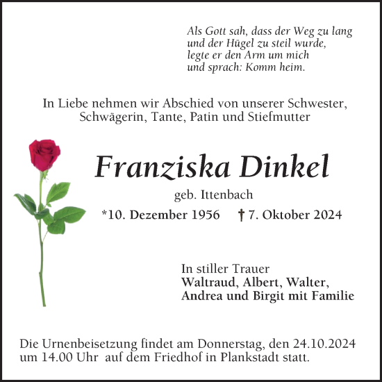 Traueranzeige von Franziska Dinkel von Schwetzinger Zeitung