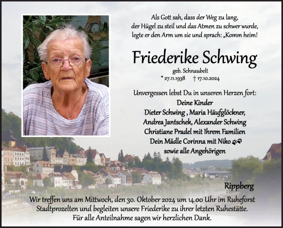 Traueranzeige von Friederike Schwing von Fränkische Nachrichten