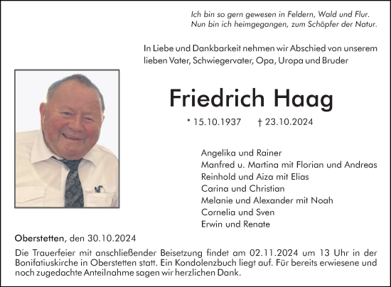 Traueranzeige von Friedrich Haag von Fränkische Nachrichten