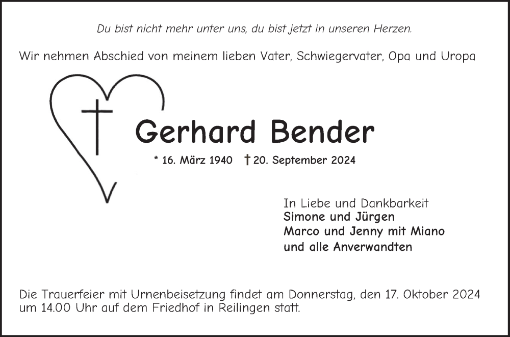  Traueranzeige für Gerhard Bender vom 12.10.2024 aus Schwetzinger Zeitung