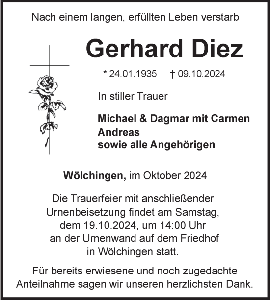 Traueranzeige von Gerhard Diez von Fränkische Nachrichten