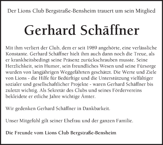 Traueranzeige von Gerhard Schäffner von Bergsträßer Anzeiger