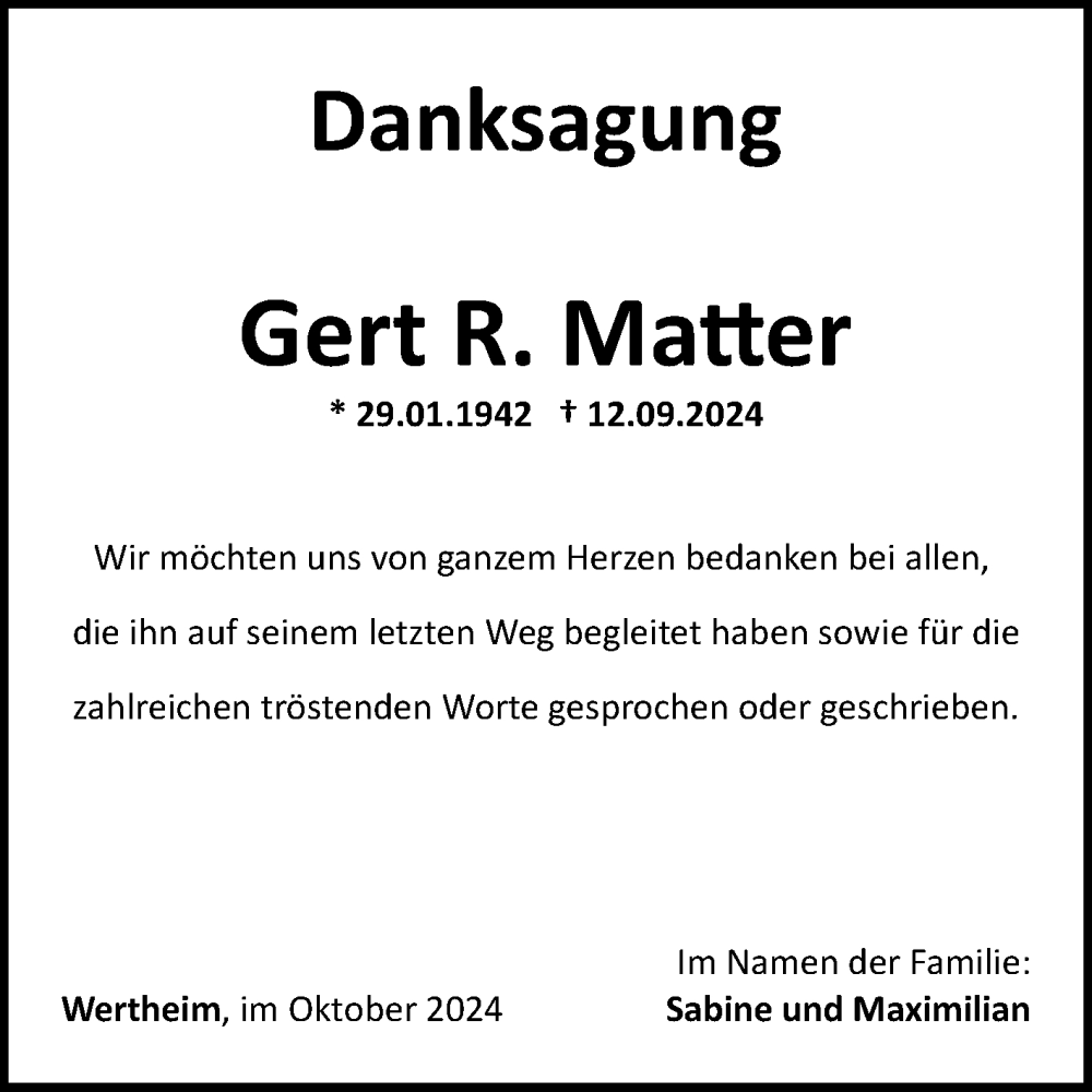  Traueranzeige für Gert Matter vom 19.10.2024 aus Fränkische Nachrichten