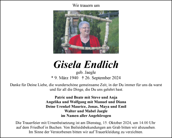 Traueranzeige von Gisela Endlich von Fränkische Nachrichten