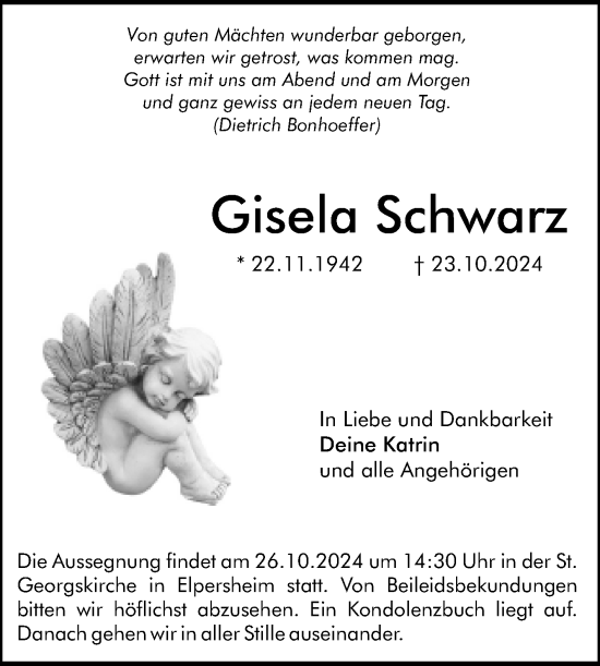 Traueranzeige von Gisela Schwarz von Fränkische Nachrichten