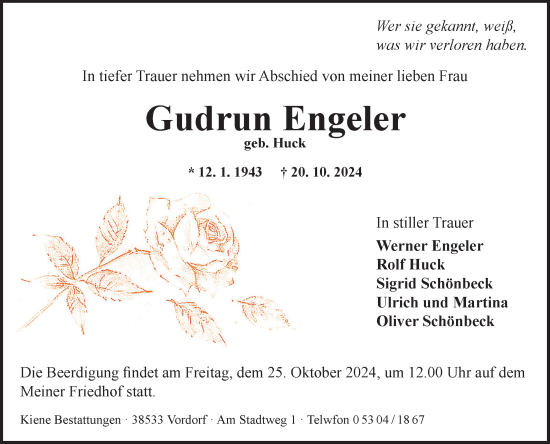 Traueranzeige von Gudrun Engeler von Fränkische Nachrichten