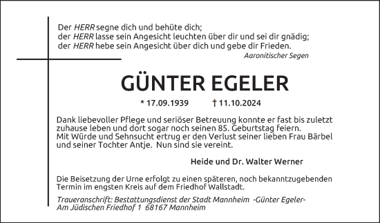 Traueranzeige von Günter Egeler von Mannheimer Morgen