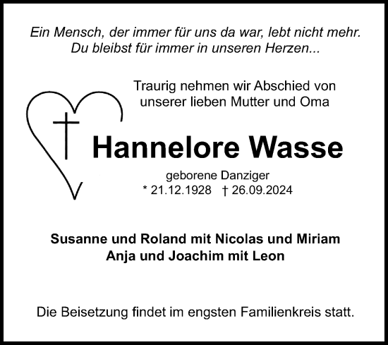 Traueranzeige von Hannelore Wasse von Mannheimer Morgen