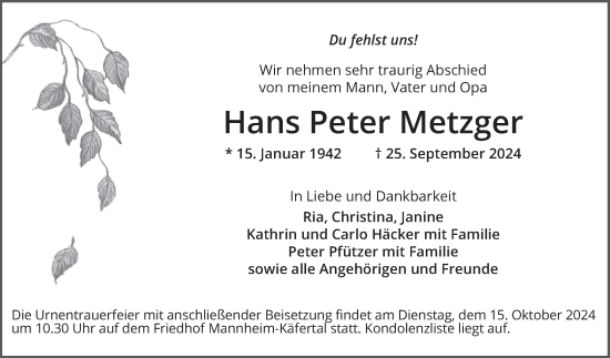 Traueranzeige von Hans Peter Metzger von Mannheimer Morgen