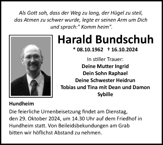 Traueranzeige von Harald Bundschuh von Fränkische Nachrichten