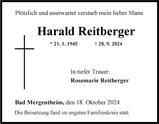 Traueranzeige von Harald Reitberger von Fränkische Nachrichten