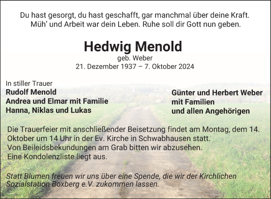 Traueranzeige von Hedwig Menold von Fränkische Nachrichten