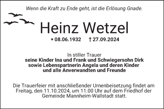 Traueranzeige von Heinz Wetzel von Mannheimer Morgen