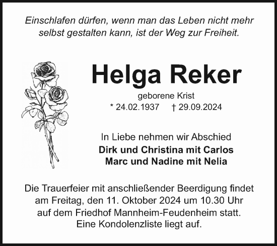 Traueranzeige von Helga Reker von Mannheimer Morgen